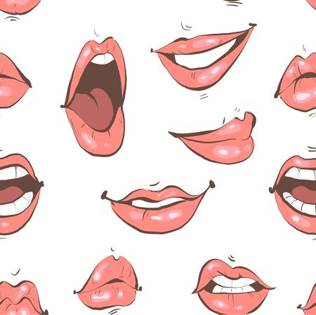 Various Emotional Lips fashion seamless pattern on white backgroundのイラスト素材