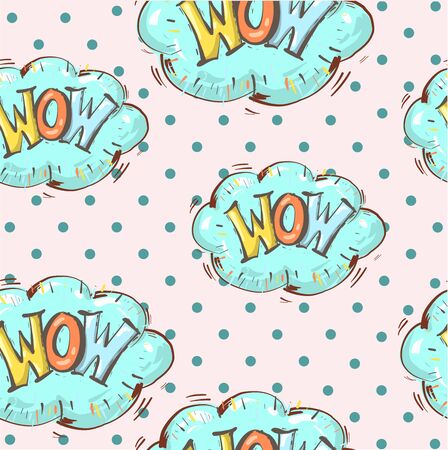 Comic speech bubble WOW seamless pattern on cute clouds. Vector bright cartoon illustration in retro pop art style on halftone backgroundのイラスト素材