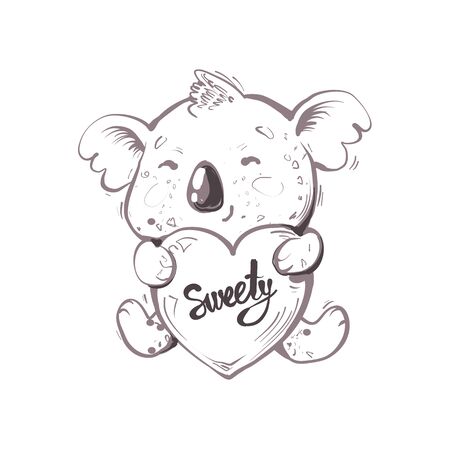 Little baby cute koala holding heart with word Sweety, black and white hand drawn illustrationのイラスト素材