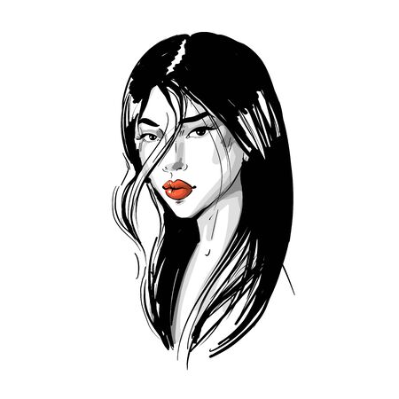 Young Asian girl with red lips and long hair. Fashion vector illustration isolated on white. Can be used as a face chart or for hairdressers Skincare, professional hairdressing, beauty salonのイラスト素材