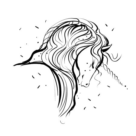 Hand drawing Unicorn for adult anti stress coloring pages, artistic fairy tale magic animal, vector tattoo. Fashion print.のイラスト素材