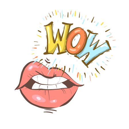 Sexy open female mouth and Wow speech bubble. Vector bright background in comic retro pop art style.のイラスト素材