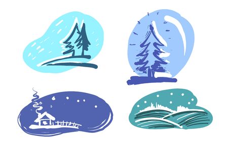 Winter landscape set with a house, forest, christmas tree and snowfall. Vector Illustrationのイラスト素材