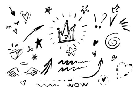 Hand drawn doodle swishes, swoops, emphasis vector set. Collection of black and white highlight text elements, calligraphy swirl, tail, flower, heart, graffiti crown.のイラスト素材