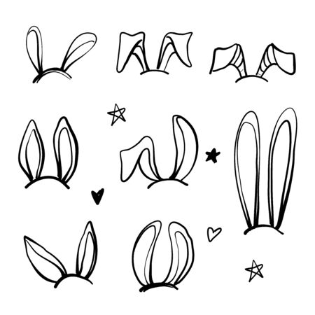 Set of rabbits s ears for decorating. Hand drawn linear isolates elements.のイラスト素材