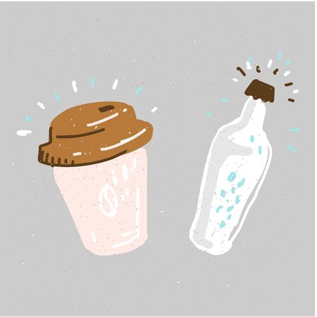 Water bottle and coffee to go cartoon illustration vectorのイラスト素材