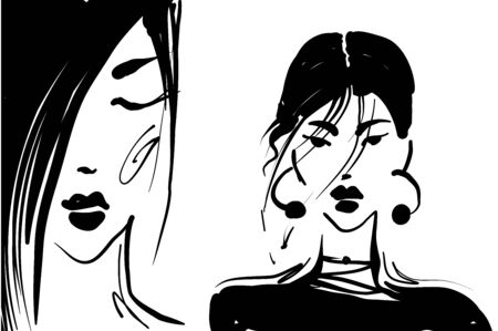 Two vector girls portraits fashion illustration in black and whiteのイラスト素材