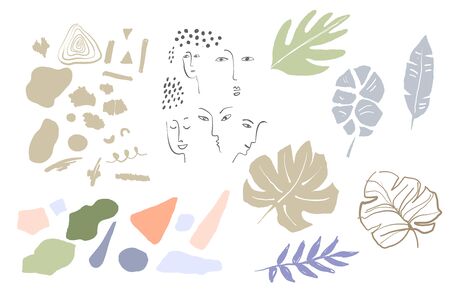 Set of absctract background with tropical elements and girl face in one line style. Portrait minimalistic style. Editable vector illustrationのイラスト素材