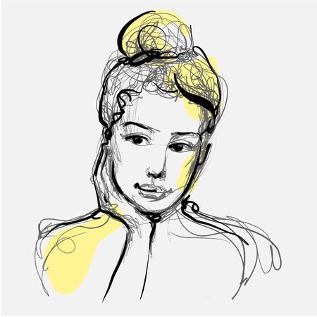 Beautiful woman face thinking hand drawn vector illustration. Stylish original graphics portrait with beautiful young attractive girl model. Fashion, style, beauty. Graphic, messy sketch drawing.のイラスト素材