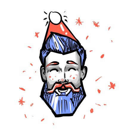Happy hipster Male New Year Christmas Holiday Red Santa Hat Avatar Portraitのイラスト素材