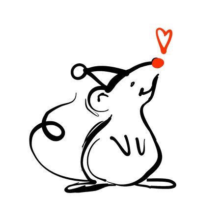 Hand drawn rat in Christmas hats with heart. Doodle vector illustration for greeting card, posters, stickers. Vector animals in trendy line style. Christmas design.のイラスト素材