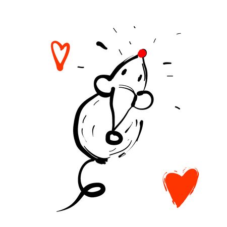 Hand drawn rats in Christmas hats up view. Doodle vector illustration for greeting card, posters, stickers. Vector animals in trendy line style. Christmas design elements.のイラスト素材