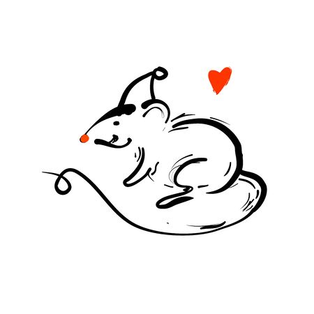 Hand drawn rats in Christmas hat side view. Doodle vector illustration for greeting card, posters, stickers. Vector animals in trendy line style. Christmas design elements.のイラスト素材