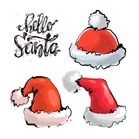 Vector set red Christmas Santa Claus hats isolated on white background with lettering Hello Santaのイラスト素材