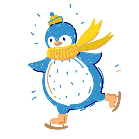 Cute Happy winter Penguin in scarf and winter hat skiingのイラスト素材