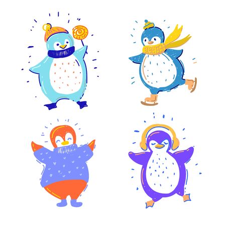 Cute penguins collection with candy, skiing, headphonesのイラスト素材