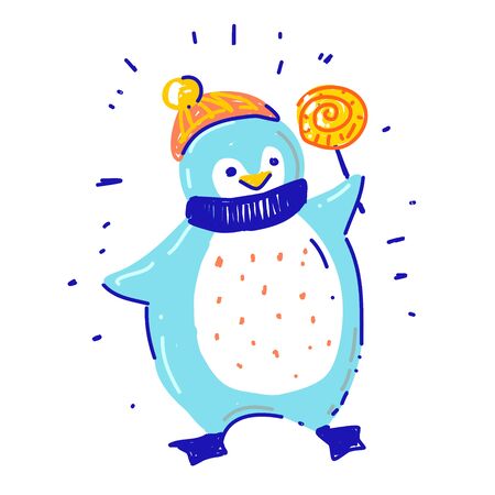 Cute Happy winter Penguin in scarf and hat holding candyのイラスト素材