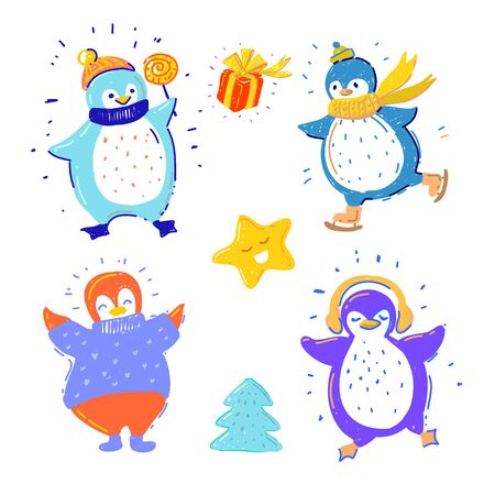 Cute penguins collection with gift box, cute star and Christmas treeのイラスト素材