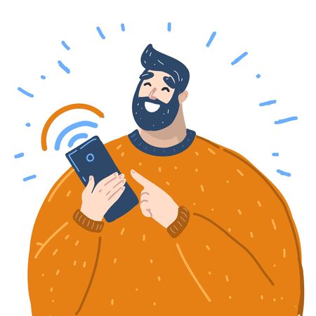 Vector cartoon illustration of man holds smart phone with messenger app, texting messages via messenger using smartphone. Mobile messenger conceptのイラスト素材
