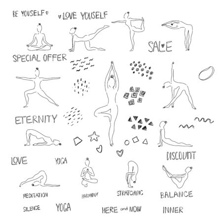 Yoga poses symbols set in simple lines with motivational phrases and abstract elements stylized vector illustrationのイラスト素材