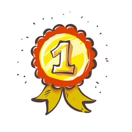 Number One, First place yellow medal ribbon cartoon sketch style vector.のイラスト素材