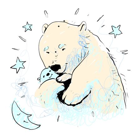 Mother bear hugging her baby vector illustration with stars and moonのイラスト素材