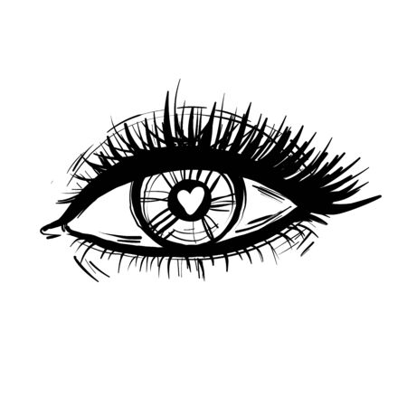 Eye with heart and long lashes black and white illustration vectorのイラスト素材
