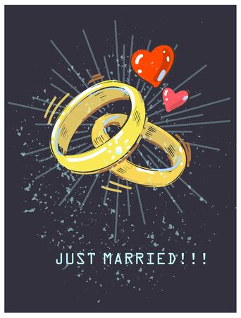 Wedding rings and red hearts shining on dark background. Just married vintage wedding cardのイラスト素材