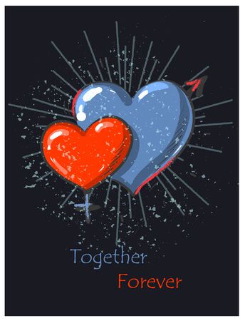 Two hearts male and female ,red and blue heart shapes wedding or Valentine day love card on dark grunge backgroundのイラスト素材