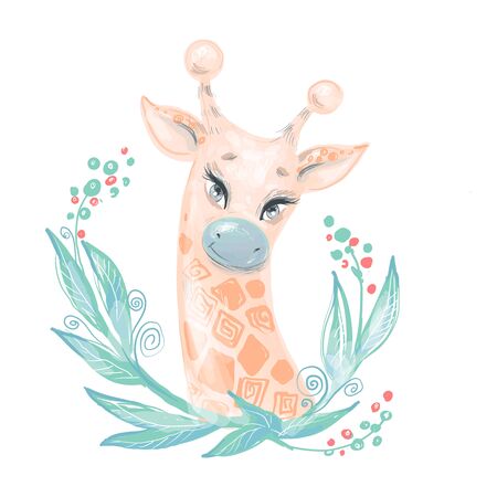 Cute giraffe portrait in leaves for kid fashion prints, nursery designのイラスト素材