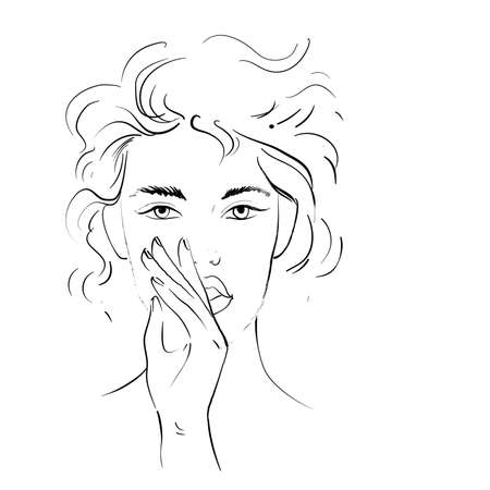 Sketch of woman making silent gesture Hand drawn line art Vector illustration isolated on whiteのイラスト素材