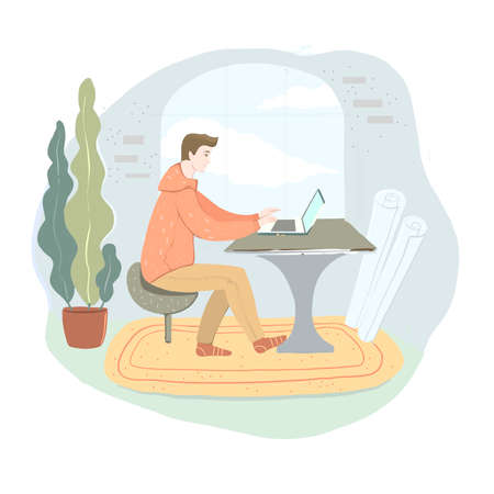 Office work and remote work, freelance. Young man working on computer. Vector illustration in flat cartoon style.のイラスト素材
