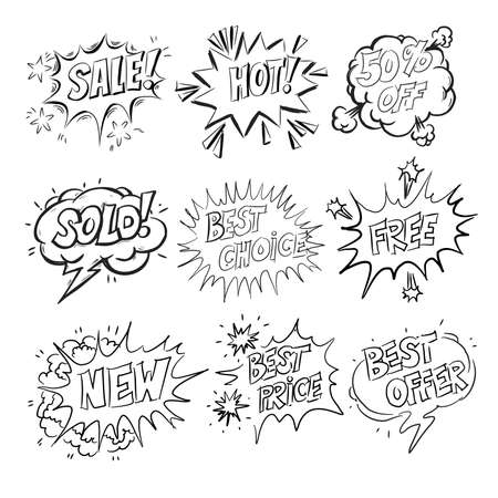 Set of cartoon labels. Comic speech bubble background Pop art style. Black and whiteのイラスト素材