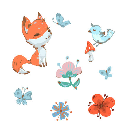 Cute fox and bird, butterfly mushroom and flowers spring collectionのイラスト素材