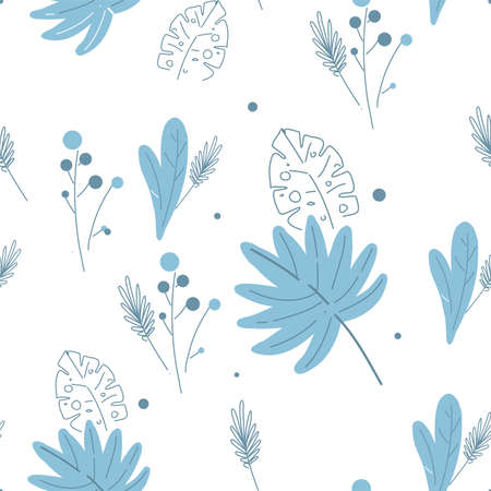 Modern Florals pattern in blue and white colors, line and stain seamless floral pattern,ditsy floral pattern.のイラスト素材