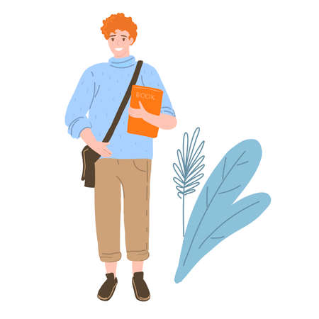 Smart clever young student guy or pupil holding a book. Color cartoon vector isolated illustration.のイラスト素材