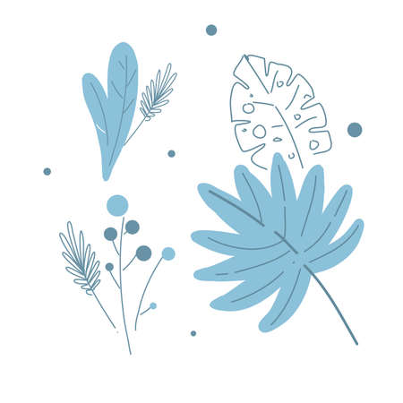 Modern floral leaves and berries, line and shape drawing style vector illustrationのイラスト素材