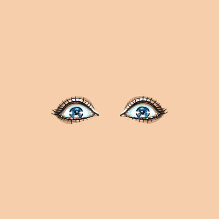 Close-up scared face of beautiful woman with beautiful blue eyes and big pretty eyelashes. Macro of human eyes - surprise or shock, looking at camera.のイラスト素材