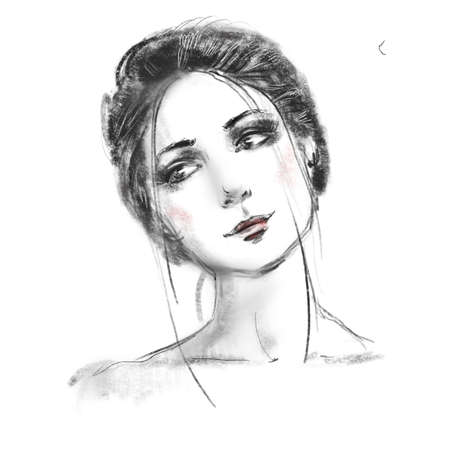 Beautiful girl face close up sketch. Hand drawn black and white pencil fashion illustration. Young woman portrait.の写真素材