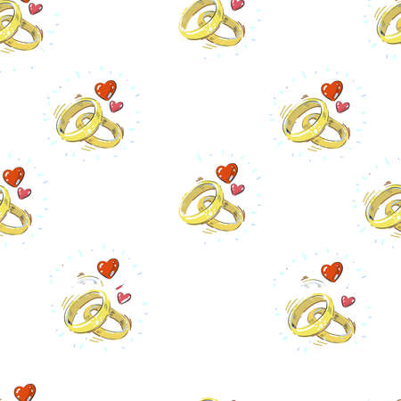 Hand drawn realistic engagement marriage rings with hearts seamless pattern on white backgroundのイラスト素材