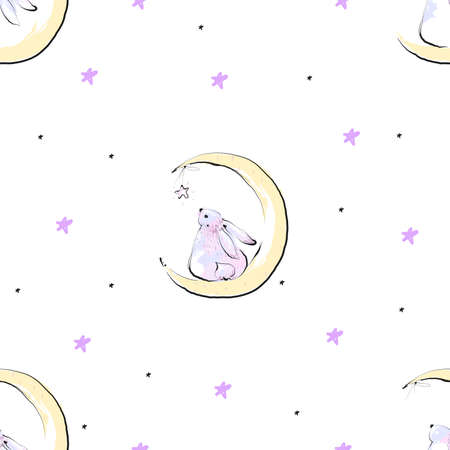 Seamless pattern with stars and cute bunny on the Moonのイラスト素材
