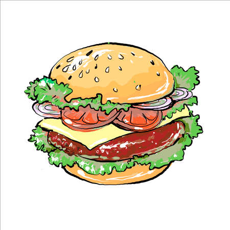 Vector drawing of hamburger with cheese, tomatoes, onion, in cartoon style. Illustration for design fast food menu. Hamburger isolated on whiteのイラスト素材