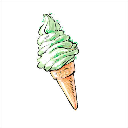 Soft pistachio or mint ice cream. Vector illustration on white background. delicious dessert.のイラスト素材