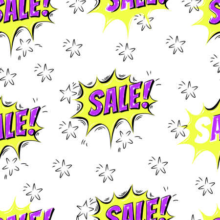 Sale seamless vector pattern. Speech bubbles with word SALE and flying stars. Colorful illustrationのイラスト素材