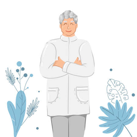 Old doctor standing crossed arms with modern florals backgroundのイラスト素材