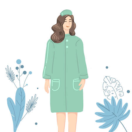 Female Doctor standing happy illustration with modern florals background backgroundのイラスト素材