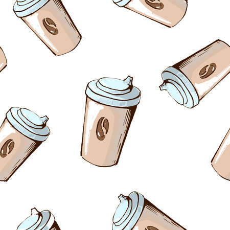 Hand drawn coffee cups. Vector seamless pattern. White backgroundの写真素材