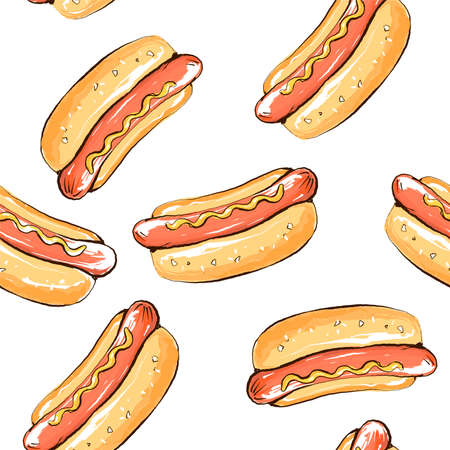 Seamless pattern with hot dog with mustard on a white backgroundの写真素材