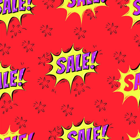 Sale seamless vector pattern. Speech bubbles with word SALE and flying stars. Colorful illustrationのイラスト素材