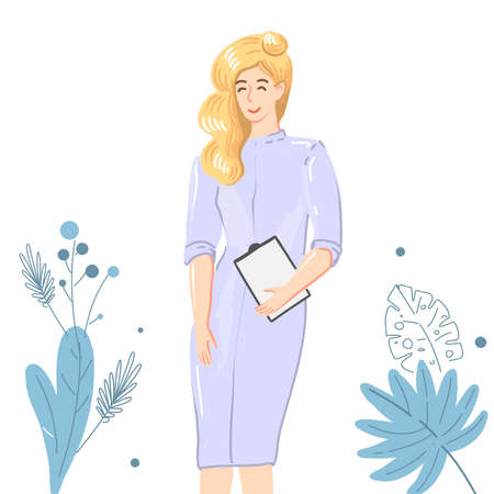 Beautiful blond female doctor smiling holding paperのイラスト素材